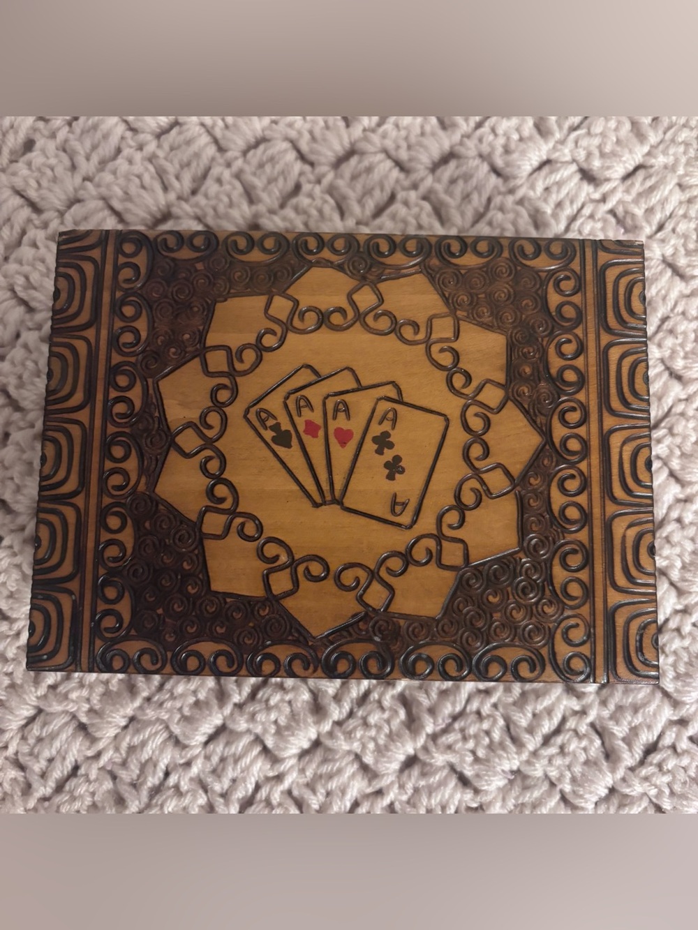 Carved Wooden Card Box with Poker Motif – Brown